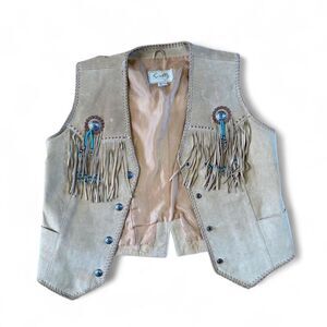Scully tan suede leather Western vest with fringes, beading, concho buttons L